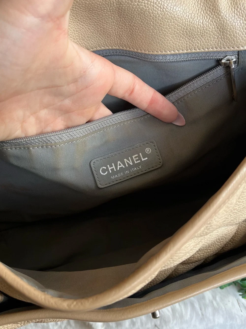CHANEL Beige Quilted Leather Shoulder Bag with Silver-Tone CC